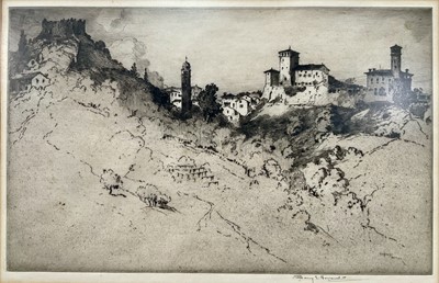 Lot 212 - Albany Howarth (1872-1936), etching of an Italian hill town, signed in pencil, framed and glazed