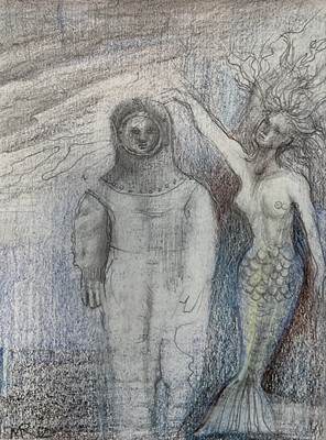 Lot 214 - Mick Rooney (b.1940), mermaid and diver, coloured pencil, signed with initials, 15.5cm x 11.5cm, framed and glazed