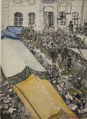 Lot 211 - Nicholas Bristowe, market day in Brittany, signed and dated 1936, coloured crayons