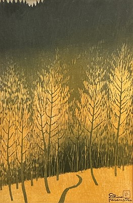 Lot 210 - Shiro Kasamatsu (1898-1991) 'Shadow of a Mountain', woodblock print, framed and glazed, 35cm x 23cm