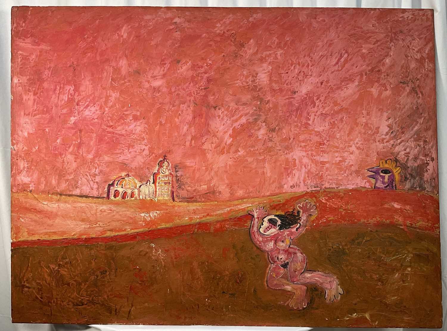 Lot 45 - Jesus Tellosa (Mexican, 1936-2012) oil on board - Landscape, gallery label verso, 91cm x 122cm, unframed