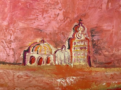 Lot 45 - Jesus Tellosa (Mexican, 1936-2012) oil on board - Landscape, gallery label verso, 91cm x 122cm, unframed