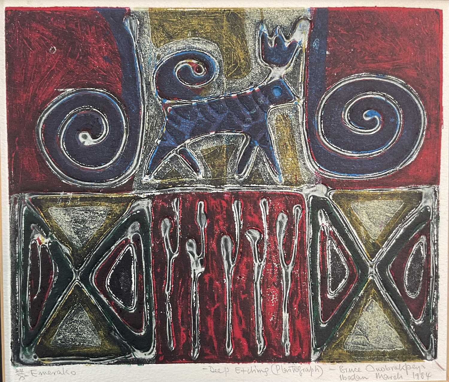 Lot 68 - Bruce Onobrakpeya (Nigerian, b.1930), deep etching, Emerako, 24.5cm x 29cm, mounted