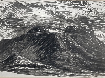Lot 240 - Late 20th century monochrome watercolour - Welsh mountain landscape, indistinctly signed, 31cm x 42cm, mounted