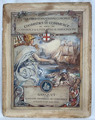 Lot 243 - Manner of Frank Brangwyn, pen, ink and gouache design for the 'Banquet By The London Chamber of Commerce, Tuesday June 21st 1910', 41cm x 32cm, unframed