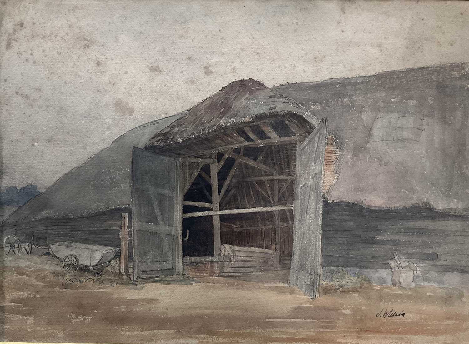 Lot 69 - English School, watercolour of a barn, indistinctly signed