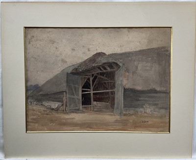 Lot 69 - English School, watercolour of a barn, indistinctly signed