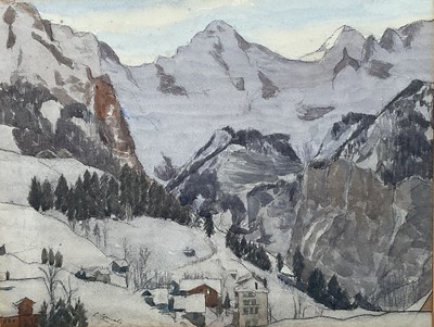 Lot 217 - C. Connell (20th Century) watercolour on paper laid on card - Swiss mountains with chalets, signed, 28cm x 36cm, with mount unframed