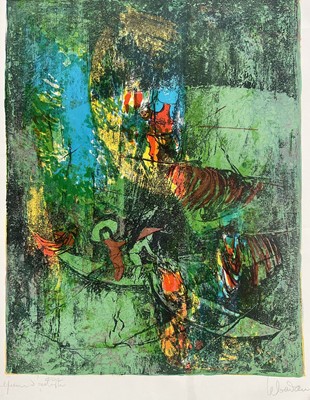 Lot 241 - Dang Lebadang (Vietnamese, 1921-2015) four signed screenprints including 'Floating Down the River' and 'Cavalier'