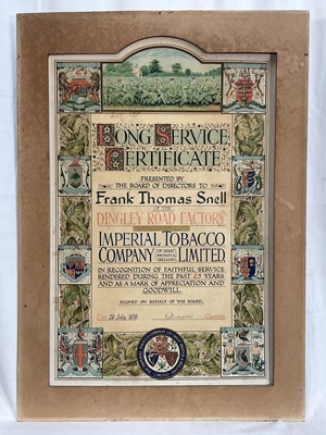 Lot 242 - 1930s Long Service Ceritificate relating to a 25 year service to The Imperial Tobacco Company, dated 1936, 52cm x 34cm, mounted