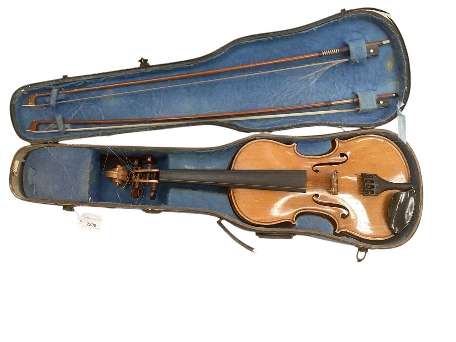 Lot 2209 - Antique violin in case, two-piece back measuring 35.75cm, with two bows, one marked Tourte(?)