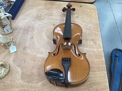 Lot 2209 - Antique violin in case, two-piece back measuring 35.75cm, with two bows, one marked Tourte(?)