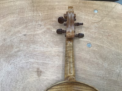 Lot 2209 - Antique violin in case, two-piece back measuring 35.75cm, with two bows, one marked Tourte(?)