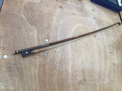 Lot 2209 - Antique violin in case, two-piece back measuring 35.75cm, with two bows, one marked Tourte(?)