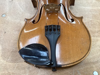 Lot 2209 - Antique violin in case, two-piece back measuring 35.75cm, with two bows, one marked Tourte(?)