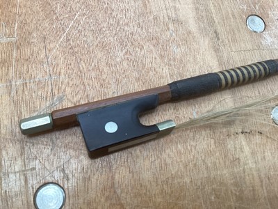 Lot 2209 - Antique violin in case, two-piece back measuring 35.75cm, with two bows, one marked Tourte(?)