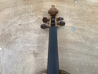 Lot 2209 - Antique violin in case, two-piece back measuring 35.75cm, with two bows, one marked Tourte(?)