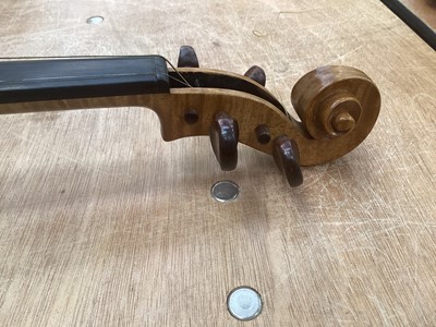 Lot 2209 - Antique violin in case, two-piece back measuring 35.75cm, with two bows, one marked Tourte(?)