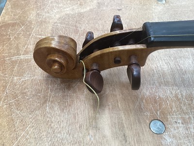 Lot 2209 - Antique violin in case, two-piece back measuring 35.75cm, with two bows, one marked Tourte(?)