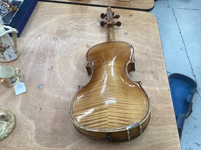 Lot 2209 - Antique violin in case, two-piece back measuring 35.75cm, with two bows, one marked Tourte(?)