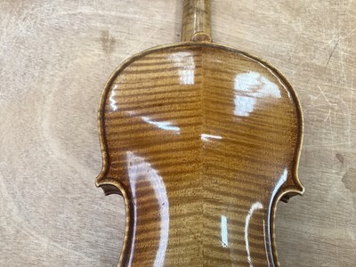 Lot 2209 - Antique violin in case, two-piece back measuring 35.75cm, with two bows, one marked Tourte(?)