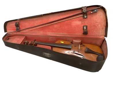 Lot 2212 - Antique violin in case with bow, single piece back measuring 35.5cm