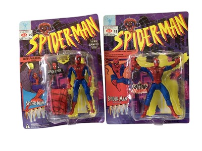 Lot 1894 - Spiderman Animated Series Smythe, Venom, Spiderman & Spiderman Web Shooter & Web Racer (French Version), all on card with bubblepack, plus Marvel sealed Expanding wall chart and Captain...