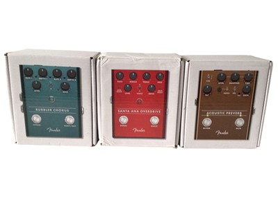 Lot 2302 - Fender Foot Pedals Bubbler Chorus, Acoustric Preverb & Santa Ana Overdrive, all boxed (3)