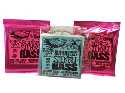 Lot 2306 - Ernie Ball Regular Slinky Nickel Wound Guitar Strings (10 packs), Super Slinky Bass Strings & Two Pop Shields for broadcasting & recording microphone, all packaged