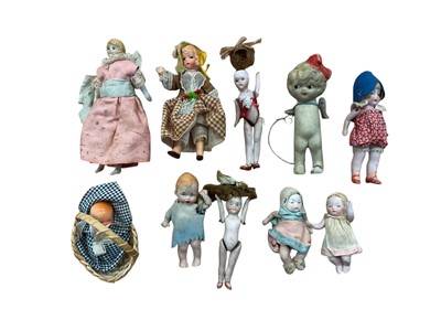 Lot 1979 - Selection of antique and later doll house dolls, including German and Japanese pin jointed bisque dollls, Victorian china head and shoulder doll, two bisque pin jointed baby dolls.