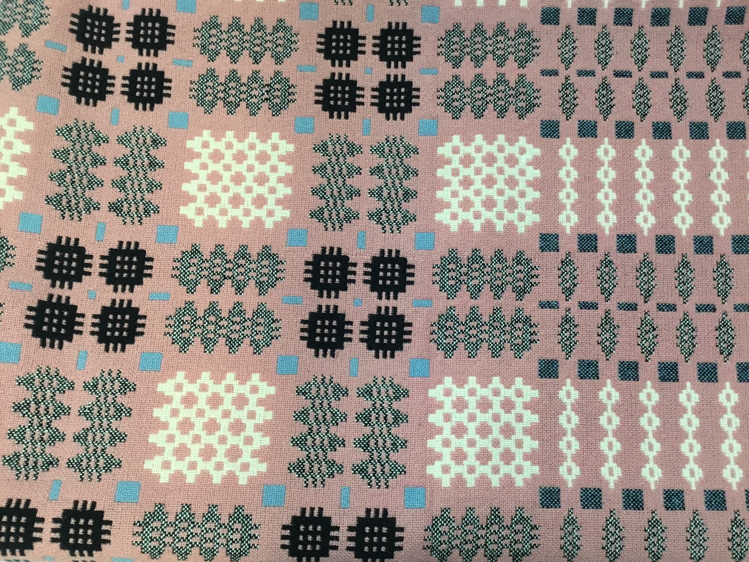 Lot 2136 - 1960s Gilmore's Welsh pattern woven wool blanket in pink blue black and cream. 220 x 220cms approximately.