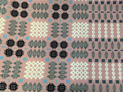 Lot 2136 - 1960s Gilmore's Welsh pattern woven wool blanket in pink blue black and cream. 220 x 220cms approximately.