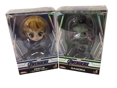 Lot 1901 - Hot Toys Cosbaby Marvel Avengers Endgame Rescue (Unmasked Version) Cosb681, Gamora Cosb733 & DC Batman & Batmobile Cosb943, all boxed in vynil (3)