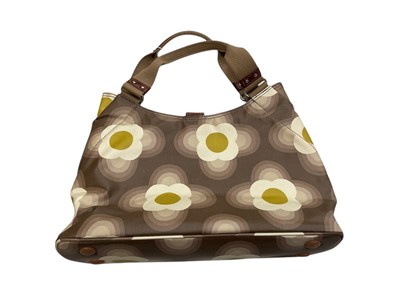Lot 2133 - Orla Kiely daisy design bag plus one small Orla Kiely bag. L K Bennett purple satin evening clutch bag and brown clutch bag both with dust bags.