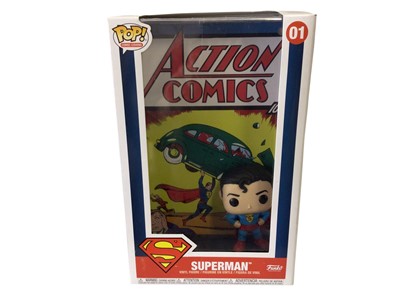 Lot 1906 - Funko Pop Comic Cover Super Heroes Superman No.01, Batman No.02 & Wonder Woman No.03, plus Invisible Jet with Mini Retro Wonder Woman Action Figure, all in window boxes (4)