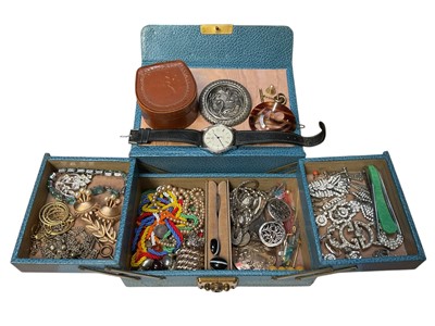 Lot 161 - Jewellery box containing vintage costume jewellery including paste set, beads, Mondia wristwatch, one gold cufflink, one gold stud