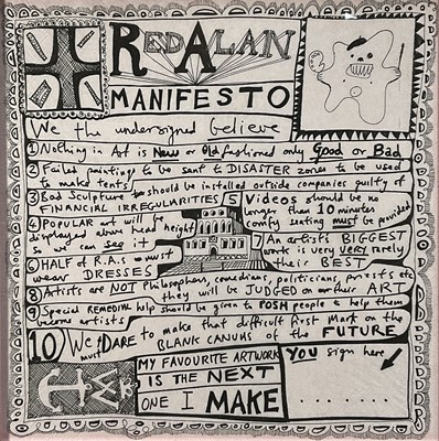 Lot 38 - Sir Grayson Perry (b. 1960) print on napkin paper - The Red Alan Manifesto, with artist's logo to the print, 33 x 33cm, glazed frame