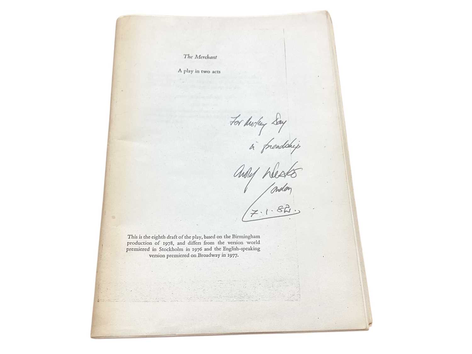 Lot 1641 - Arnold Wesker - The Merchant, unusual photocopied eighth draft of the play with annotations and inscription from Arnold Wesker