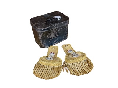 Lot 788 - Pair of early 20th century Royal Navy officers' epaulettes in japanned tin case by Gieve, Matthews & Seagrove Ltd, with applied brass plaque named to Lieut. V. B. Cardwell R. N.