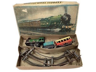 Lot 1941 - Tinplate clockwork Express Train Set, boxed, plus Louis Marx Coronation Express, other tinplate toys and clockwork monkey (1)