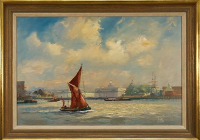 Lot 1187 - Vic Ellis (1921-1984) oil on canvas, Thames Barge, signed, 52 x 78cm