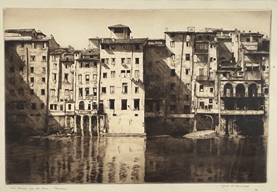 Lot 39 - Alfred Blundell (1883-1968) etching - Old Houses on the Arno, Florence, signed and inscribed, 24 x 37cm, glazed frame