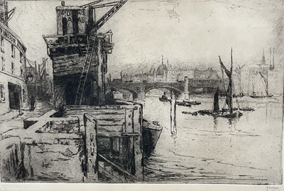 Lot 40 - Gertrude Keeling (early 20th century) etching, Windsor wharf, 21 x 31cm, signed, together with another etching of the Thames, indistinctly signed, glazed frames