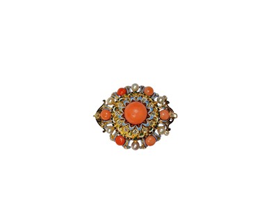 Lot 186 - Regency-style coral, pearl, diamond and enamel brooch