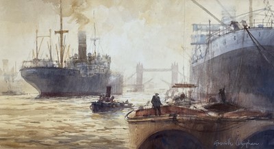 Lot 33 - Grenville Cottingham (b1943-2007) RSMA RBA watercolour, Outward Bound from the Pool, signed, 40 x 73cm, framed