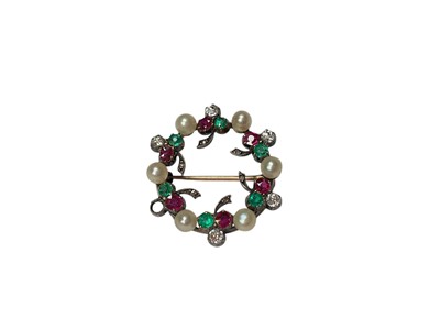 Lot 190 - Wreath brooch set with cultured pearls, old cut diamonds (one loose but present), pink and green stones