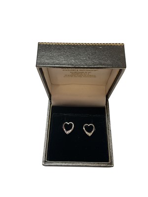 Lot 195 - Pair 9ct white gold diamond set heart shaped earrings with yellow gold post and butterfly fittings