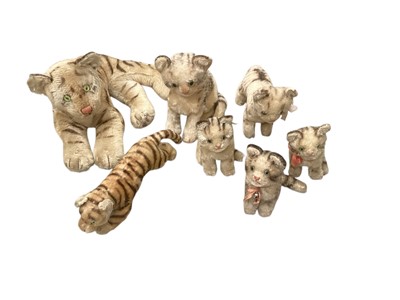 Lot 1972 - Vintage Steiff two kittens with button and yellow ear tags, small mohair laying tiger green eyes and string loop to chest no paper tag, sitting tiger green eyes and loop to chest, no paper tag....