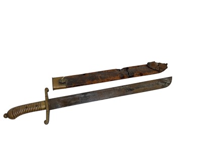 Lot 858 - Prussian 1855 pattern Infantry Pioneers short sword, with ribbed brass hilt, in brass mounted leather scabbard, 63cm overall length.