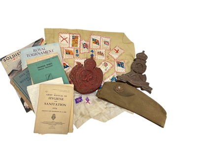 Lot 711 - Second World War period carved wood Royal Engineers Regimental badge, together with a similar Labour Corps badge, a Second World War East Yorkshire Regiment side cap and group of military relate...